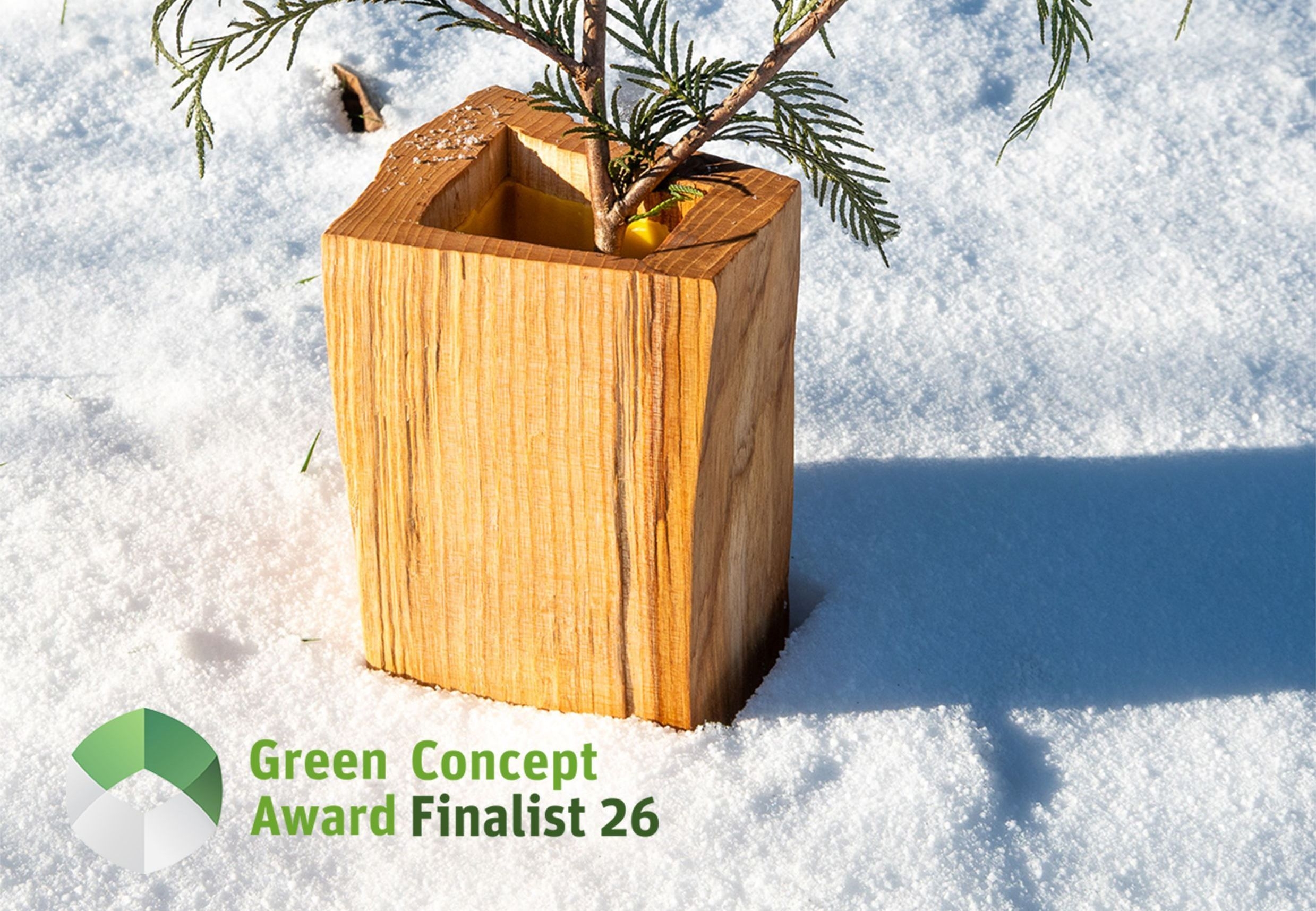 Wooden vase in snow, award logo in front