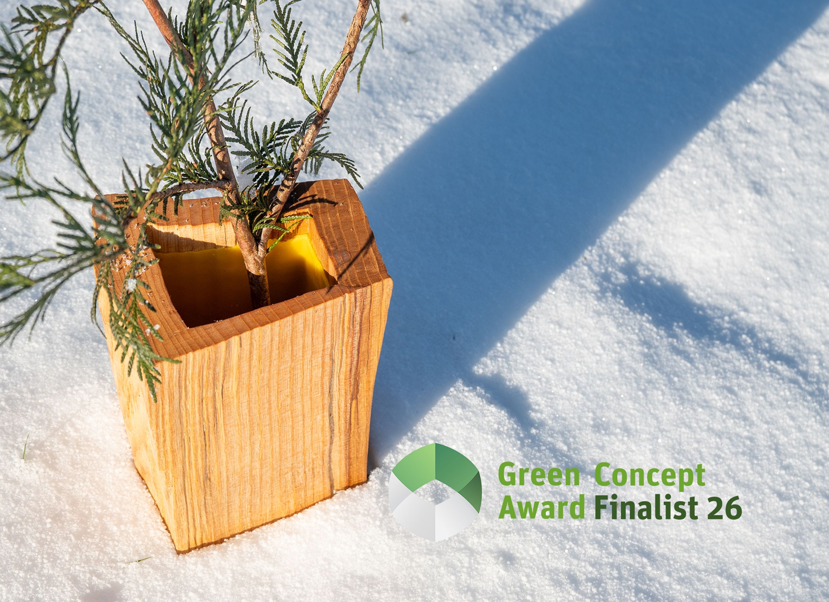 Wooden vase in snow